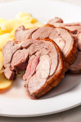 slices of meat served with potatoes