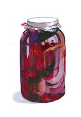 Jam jar watercolor painting isolated on white background illustration for all prints. Food pattern.
