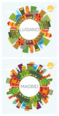 Madrid Spain and Lugano Switzerland Skyline Set.