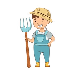 Little Boy as Farm Worker in Overall and Straw Hat Standing with Pitchfork and Chewing Grass Vector Illustration