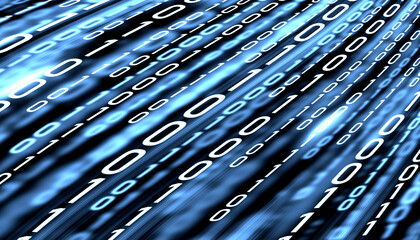 LED light text number one and zero. Binary code on the monitor screen.