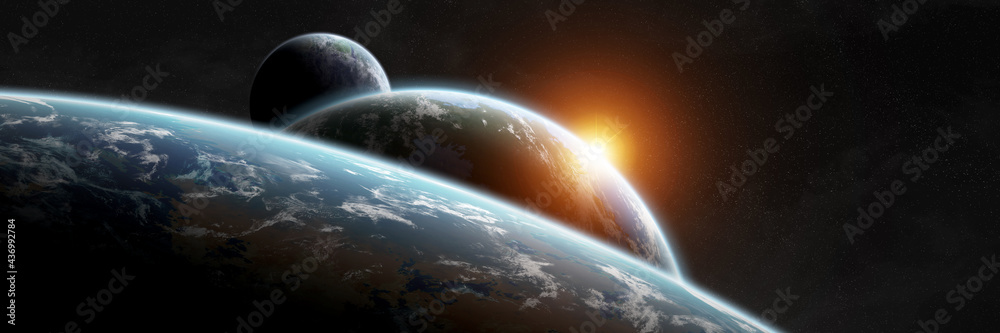 Poster panoramic space planets background. panorama of distant solar system with exoplanets 3d rendering el