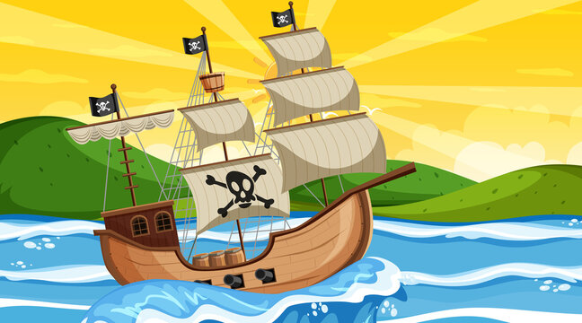 Ocean with Pirate ship at sunset time scene in cartoon style