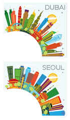 Seoul South Korea and Dubai UAE City Skyline Set.