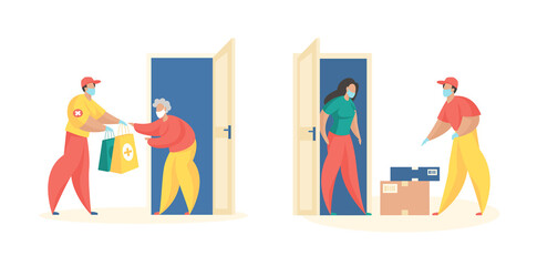 Delivery social assistance and orders. Masked couriers bring home medicines and food to customers. Fast service for online orders. Social distancing in coronavirus pandemic. Vector flat illustration