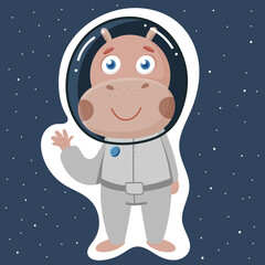 Cute hippo in a spacesuit for space flight. Portrait of a cute animal. Vector cartoon character in simple hand-drawn scandinavian style. Ideal for decorating nursery and printing on baby clothes