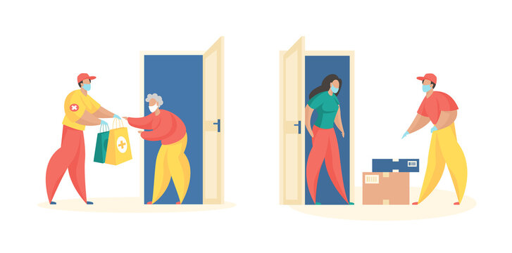 Delivery social assistance and orders. Masked couriers bring home medicines and food to customers. Fast service for online orders. Social distancing in coronavirus pandemic. Vector flat illustration