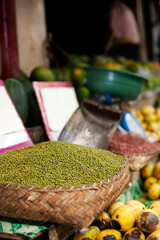 A lot of raw mush beans at street market. Outdoors Food marketplace. Closeup