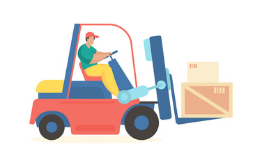 Forklift is carrying boxes. Industrial transportation goods and containers to warehouse. Man in uniform drives wheel loader. Commercial logistics with fast delivery. Vector flat illustration