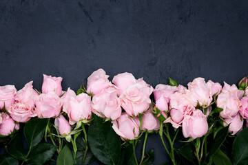 Floral framed composition with pink roses on black background