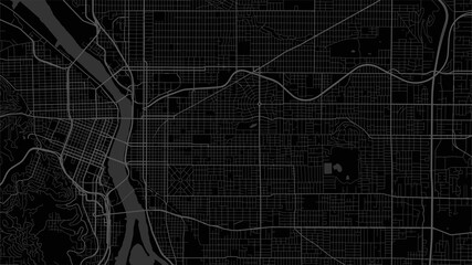 Black and dark grey Portland city area vector background map, streets and water cartography illustration.