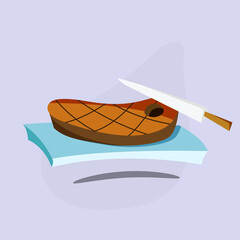 steak on a plate with a knife. Vector illustration