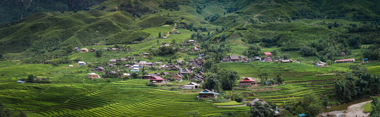 Landscaped Scenery View of Agriculture Rice Fields, Nature Landscape of Rice Terrace Field at Sapa, Vietnam. Panorama Countryside Valley Scenic With Mountain of Agricultural Farmland Background.