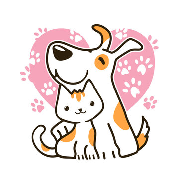 pet logo with dog and cat hugging in a heart with paws shape. vector illustration