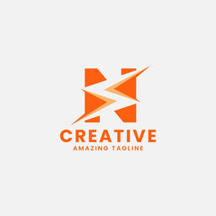 Orange Negative Space Flash on Letter N Monogram Initial Logo in White Background