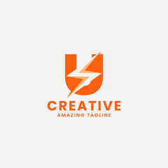 Obraz premium Orange Negative Space Flash on Letter U Monogram Initial Logo in White Background