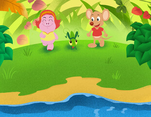 Children's book illustration: Piggy, Mouse, and grasshopper playing together in field.