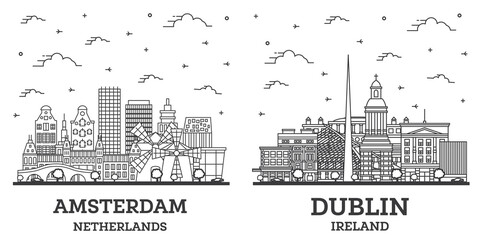 Outline Dublin Ireland and Amsterdam Netherlands City Skyline Set.