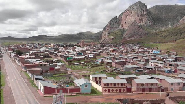 Pucara, Peru is green after recent high Andes rain, overcast aerial