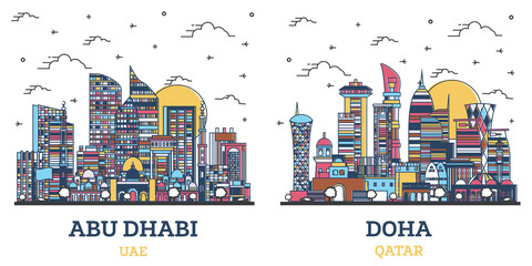 Outline Doha Qatar and Abu Dhabi United Arab Emirates City Skyline Set. - obrazy, fototapety, plakaty