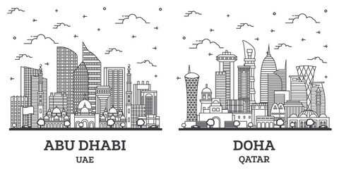 Outline Doha Qatar and Abu Dhabi United Arab Emirates City Skyline Set. - obrazy, fototapety, plakaty