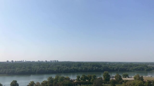 Panoramic view of confluence of Sava and Danube rivers in Belgrade from Kalemegdan fortress in 4k