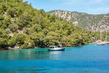 Fototapeta premium Gocek is famous for its natural beauty and crystal clear sea among the sailors not only in Turkey but also abroad, is surrounded by 12 islands in Turkey