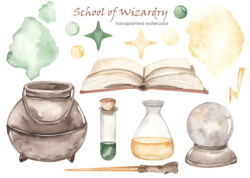 Watercolor set School of Wizardry with potion, cauldron, book of magic, magic wand, elixirs, crystal ball