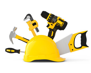 Isometric view of yellow construction tools for repair on white
