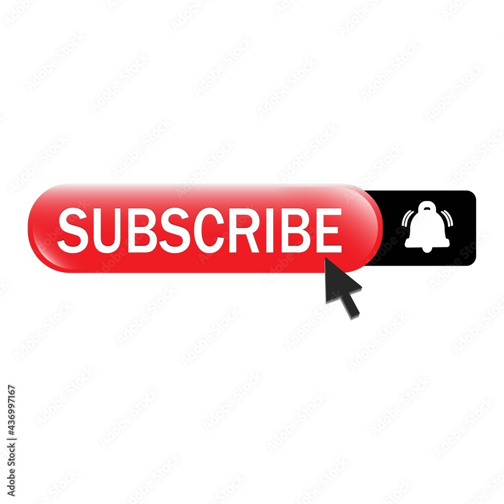 Poster red subscribe button with white bell icon inside black rectangle and text effect on a white backgrou