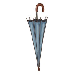 Folded blue umbrella. Design element with outline. Autumn theme. Doodle, hand-drawn. Flat design. Color vector illustration. Isolated on a white background.