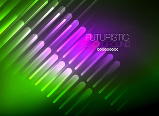 Bright neon color techno abstract background, shiny glowing neon lines in the dark background