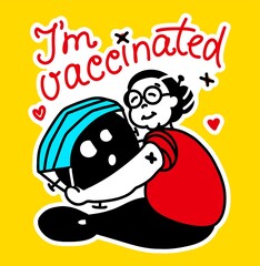 Illustration of a sticker with a text phrase. I'm vaccinated. Grandma plays with the virus, hugs it, and puts a mask on the virus. A bright sticker with humor for vaccinations.
