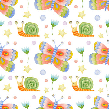 Watercolor seamless pattern of snails, butterflies, flower bulbs, on a white background. Spring, summer.
