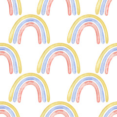 Rainbow watercolor seamless pattern on white background. Spring, summer.