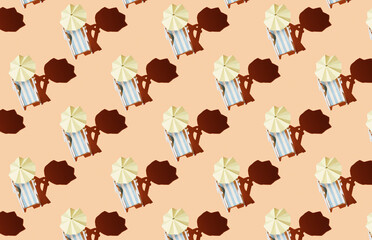 Pattern of beach chairs witth umbrellas on orange background