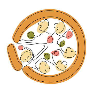 Continuous one line drawing with pizza. Contemporary vector illustration on white background. Black line art on white background with colorful spots.