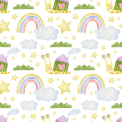 Watercolor seamless pattern of snails, cloud, rainbow, grass, on a white background. Spring, summer.