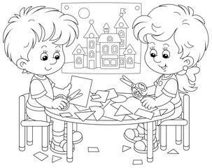 Happy little children cutting outlines and figures from paper with scissors and making a funny picture of a pretty toy town, black and white outline vector cartoon illustration for a coloring book