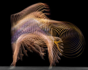 Portrait of young girl rhythmic gymnast in motion and action isolated in mixed light on dark background.