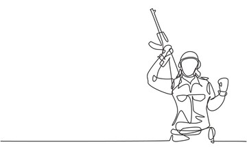 Single continuous line drawing female soldier with celebrate gesture, weapon and full uniform is ready to defend country on battlefield against enemy. One line draw graphic design vector illustration