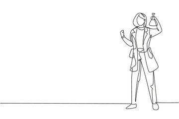 Continuous one line drawing female scientist stands with celebrate gesture and holding measuring tube filled with chemical liquid. Success business. Single line draw design vector graphic illustration