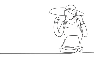 Continuous one line drawing female farmer with celebrate gesture wearing straw hat and farm uniform to work on the farm. Success business concept. Single line draw design vector graphic illustration