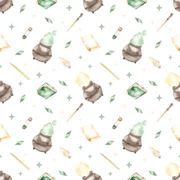 Watercolor seamless pattern with magic potion of luck, potion, book, magic wand, flasks on white background