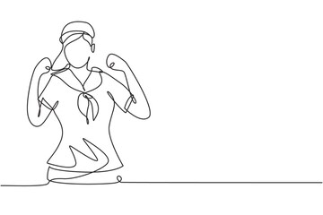 Single continuous line drawing sailor woman with celebrate gesture and scarf around her neck ready sail across seas in ship headed by captain. Dynamic one line draw graphic design vector illustration