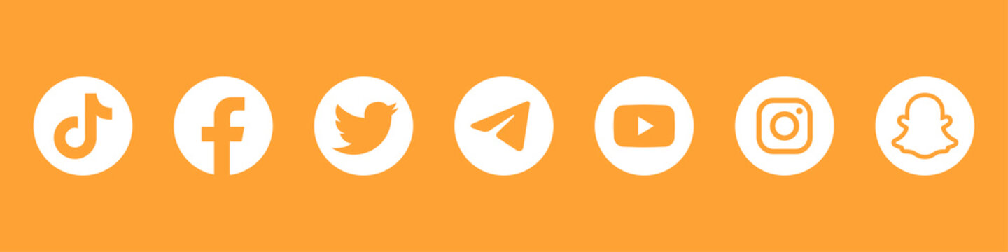 HAISYN, UKRAINE - MAY 30, 2021: Set Of Orange Social Media Icons. Tik Tok, Facebook, Twitter, Telegram, Youtube, Instagram, And Snapchat.