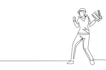 Single one line drawing female film director stands with celebrate gesture holding clapperboard and prepare camera crew for shooting at studio. Continuous line draw design graphic vector illustration