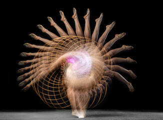Young girl rhythmic gymnast in motion and action isolated in mixed light on dark background.