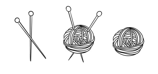 A set of three knitting-themed doodle elements: a ball of yarn, knitting needles and a ball of yarn with knitting needles. Vector illustration.