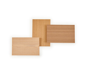 Group of small samples of wooden parquet, wooden object different style and color isolated white background.